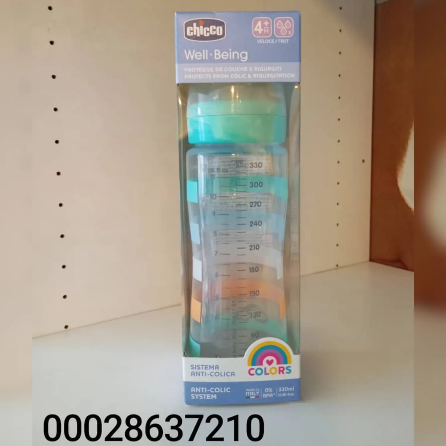 Chicco Well-Being Anti-Colic Baby Bottle – 330 ml (Colors) 4M+